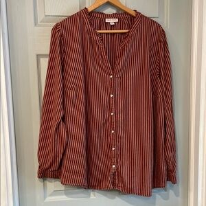 Knox Rose Women's 2X Brown Rust Striped Pearl Snap Mandarin Collar Fall Shirt